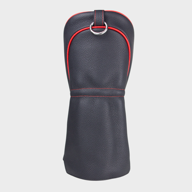 A black pebbled leather golf club headcover with red piping and a silver metal carabiner ring, shown against a light gray background.