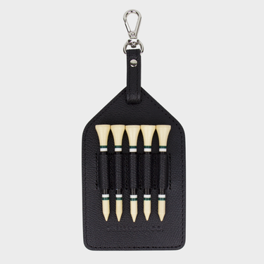 Layover and Co branded leather golf tee holder in black holding 5 birch wood golf tees