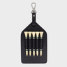 Layover and Co branded leather golf tee holder in black holding 5 birch wood golf tees