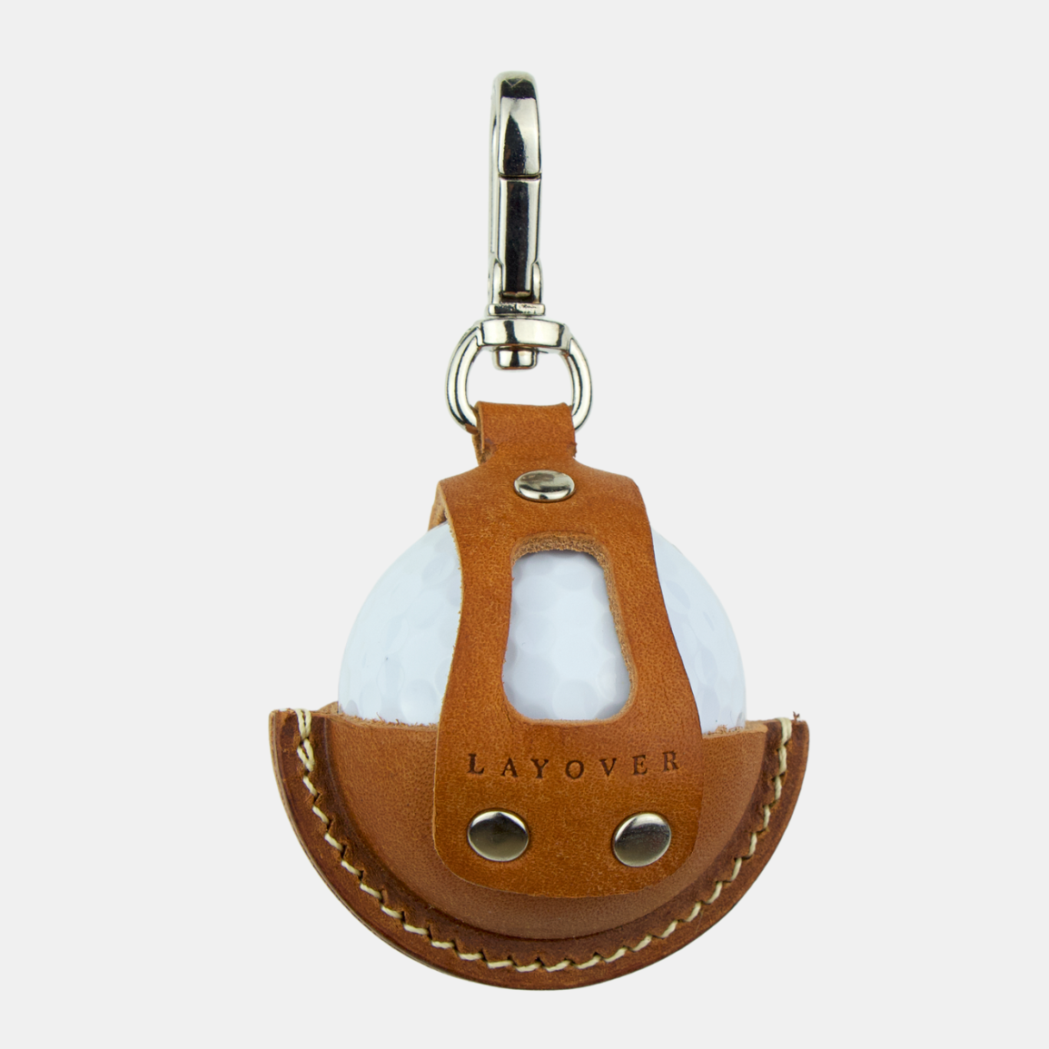 Brown leather gold ball holder keychain with 'LAYOVER' text on a white background