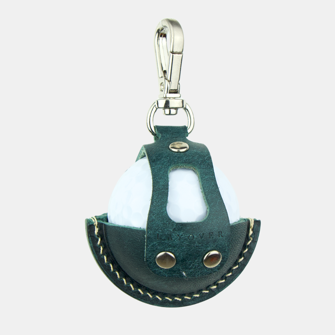 Cyan blue leather golf ball holder keychain case with a carabiner on a white background