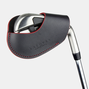 Leather magnetic golf club iron head cover with 'Layover and Co.' branding on a white background