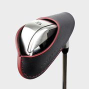 Layover and Co premium magnetic leather golf club head cover with black and red design on a white background