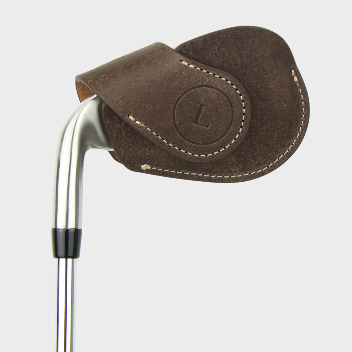 Layover and Co premium magnetic leather golf club head cover with brown design on a white background