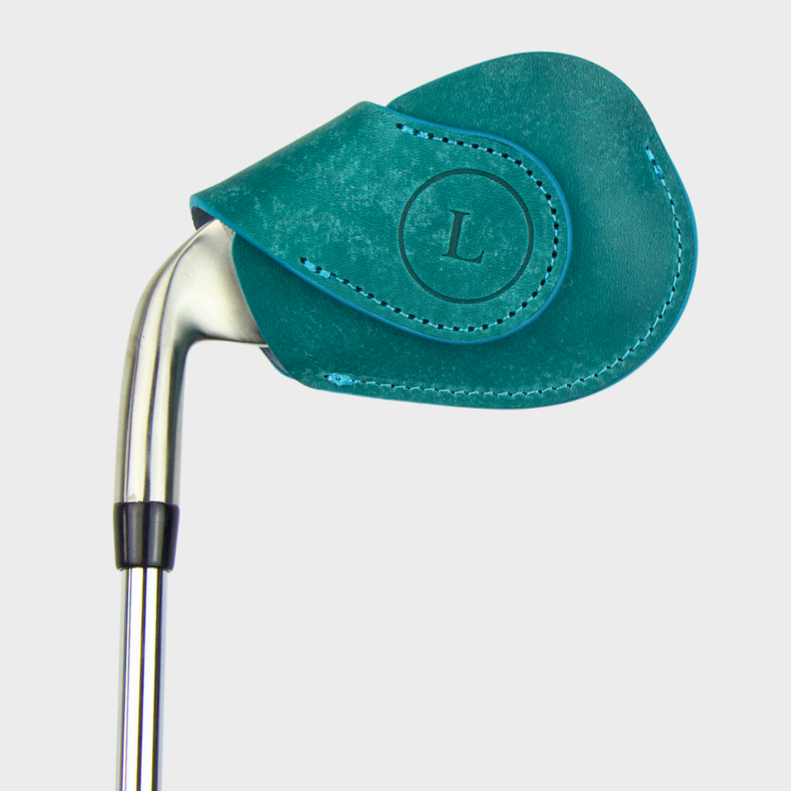 Layover and Co premium magnetic leather golf club head cover with blue cyan design on a white background