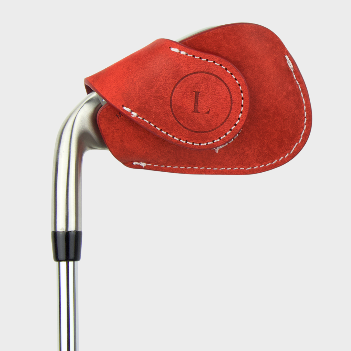 Layover and Co premium magnetic leather golf club head cover with red design on a white background