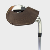 Layover and Co premium magnetic leather golf club head cover with brown design on a white background