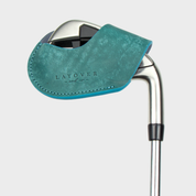 Layover and Co premium magnetic leather golf club head cover with blue cyan design on a white background