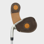 Layover and Co premium magnetic leather golf club head cover with brown design on a white background