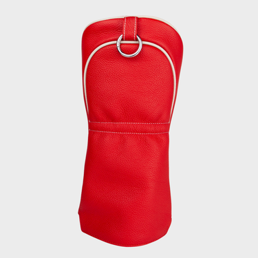 A red pebbled leather golf club headcover with white contrast stitching and a silver metal carabiner-ring, shown against a light gray background.
